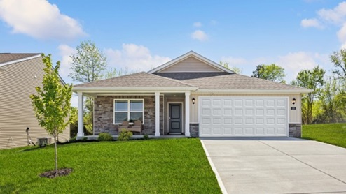 Front Elevation of model home with full front stone and covered front porch