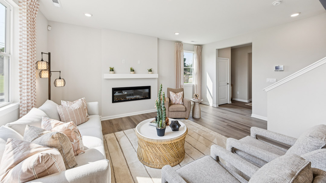 Living room with electric fireplace, coffee table