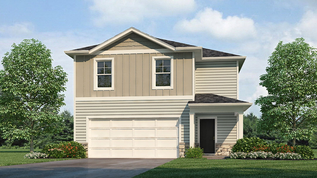 Rendering of 2 story Pine floorplan with covered front stoop and 2 car attached garage
