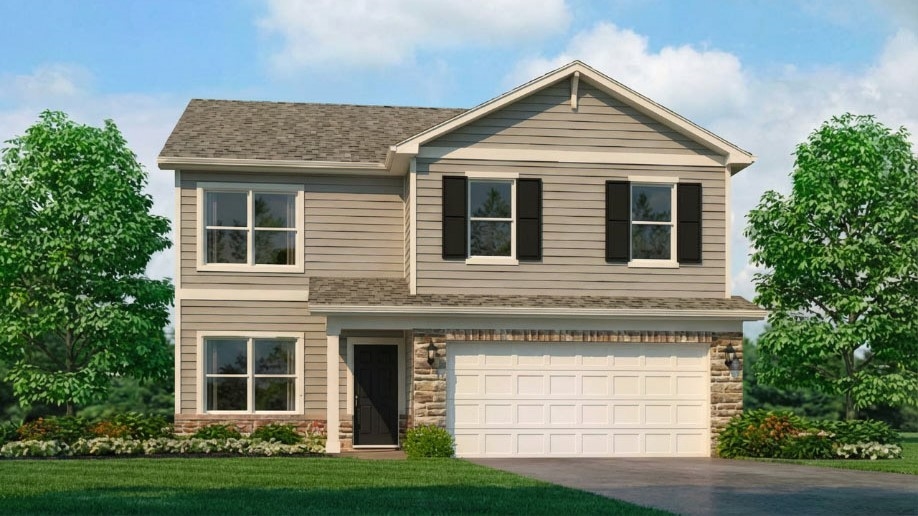 Rendering of 2 story Bellamy floorplan with covered stoop and 2 car attached garage.