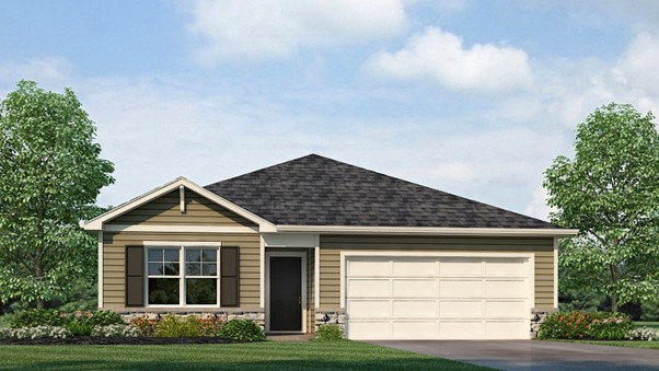 Front Elevation with light tan siding and brown shutters and front door