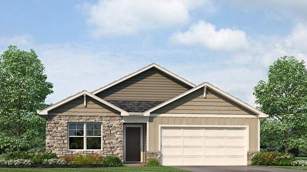 Front elevation with tan stone around front window and board and batten accent around garage