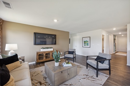 Living room with tan accent wall and tv, brown vinyl plank floors and living room furniture over white and brown area rug