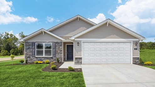 Front elevation with multi colored stone accents and 2 car garage