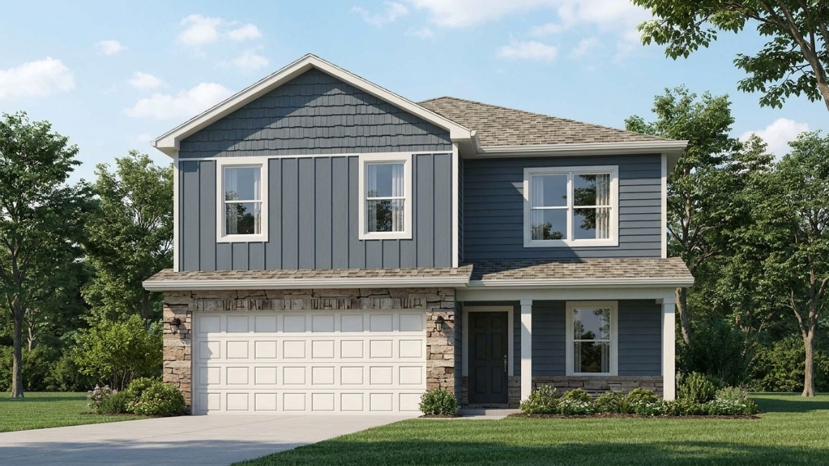 Bellamy floorplan by D.R. Horton Homes in Elizabethtown, Kentucky featuring a covered front porch and 2-car attached garage.