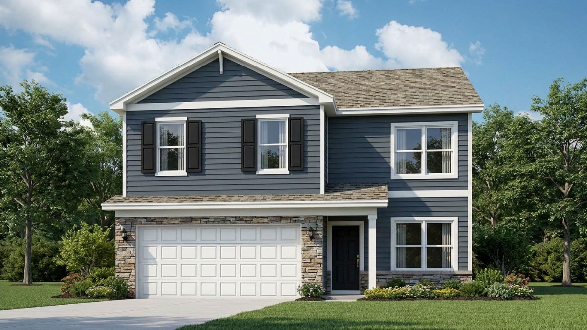 Rendering of Bellamy A3 floor plan with riverway vinyl siding, stone accents, a covered front stoop, and a 2-car attached garage.