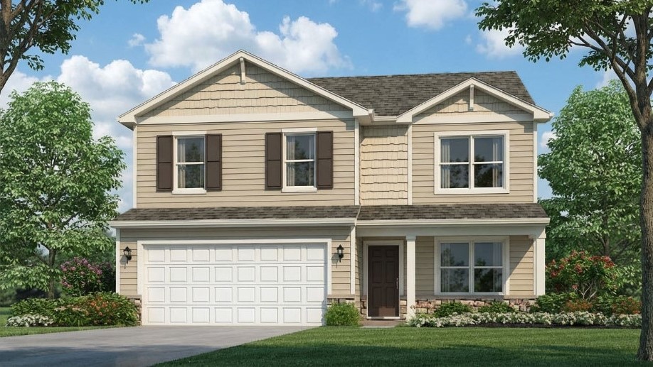 Rendering of Pendleton floorplan with a covered front porch and 2-car attached garage. Built by D.R. Horton Homes in the Ashton Park community in Elizabethtown, Kentucky.