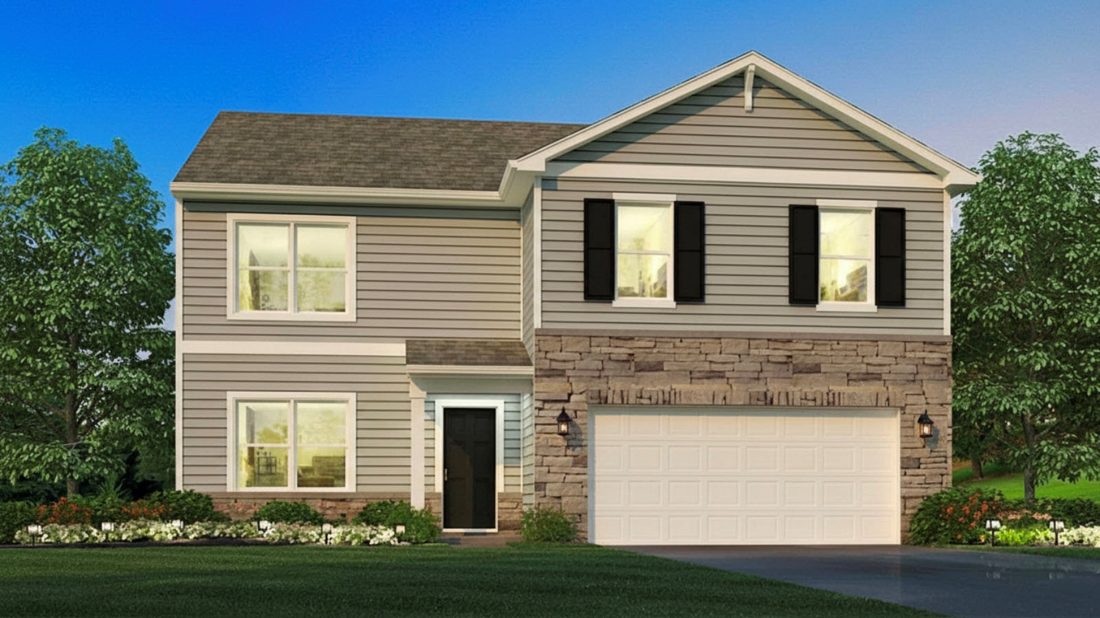 Rendering of Henley floorplan with a covered stoop and 2 car attached garage.