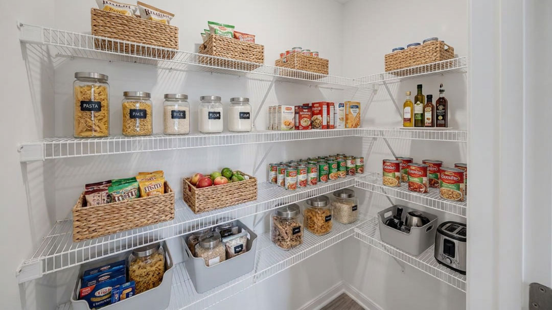 Walk-in kitchen pantry with wire shelving