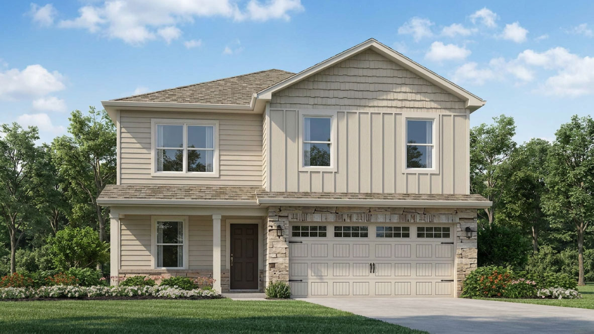 Rendering of Bellamy D3 plan with tan colored siding, stone accents, a covered front porch, and a 2-car attached garage.