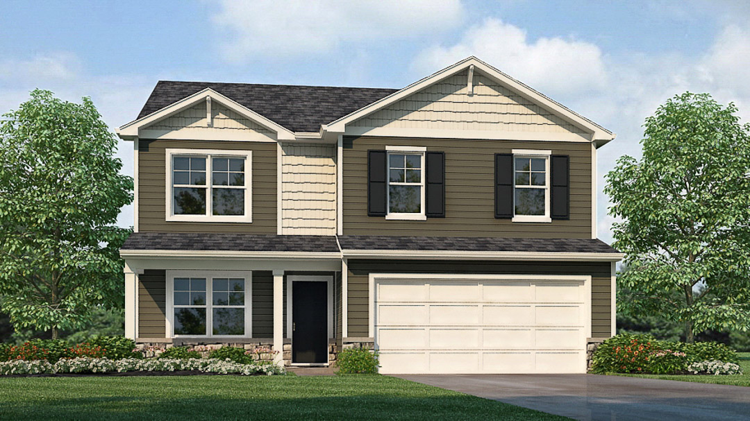 Rendering of 2 story Pendleton plan with covered front porch and 2 car attached garage.