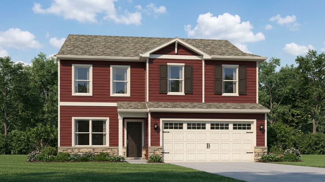 Rendering of Pendleton floor plan with red siding, a covered front stoop, stone accents, and a 2-car attached garage.