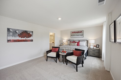 Primary bedroom with bed with grey and white bedding. 2 dark brown chairs in front of bed with red pillows. Grey and red floral artwork above bed and on left wall. Grey bedside table with white lamp. Beige carpet and white walls.