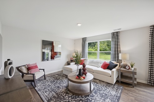 Living room with white walls and brown vinyl plank floors. Window with black and white check patterned curtains behind white sofa. Black and white patterned area rug. Brown round coffee table, brown wood with off-white cushions and light brown end table next to sofa.