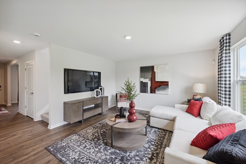 Living room with white walls and brown vinyl plank floors. TV on wall over brown console table. White sofa with red and black pillows. Window with black and white check pattered curtains behind sofa. Brown round coffee table over black and white area rug.