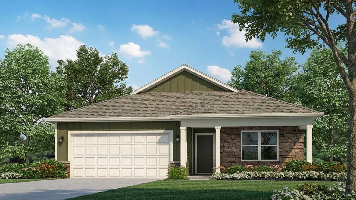Rendering of Harmony D3 plan with a covered front porch and 2-car attached garage.
