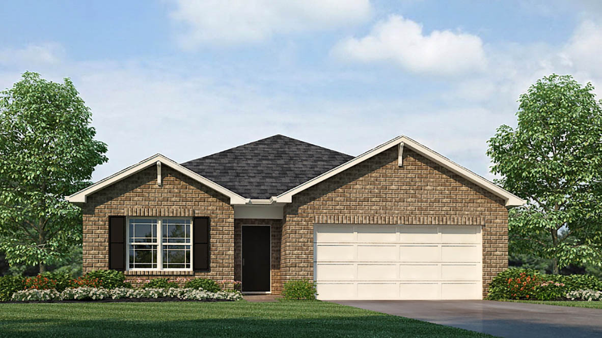 Exterior rendering of home with complete stone front and black shutters. Home has a large white two car garage door
