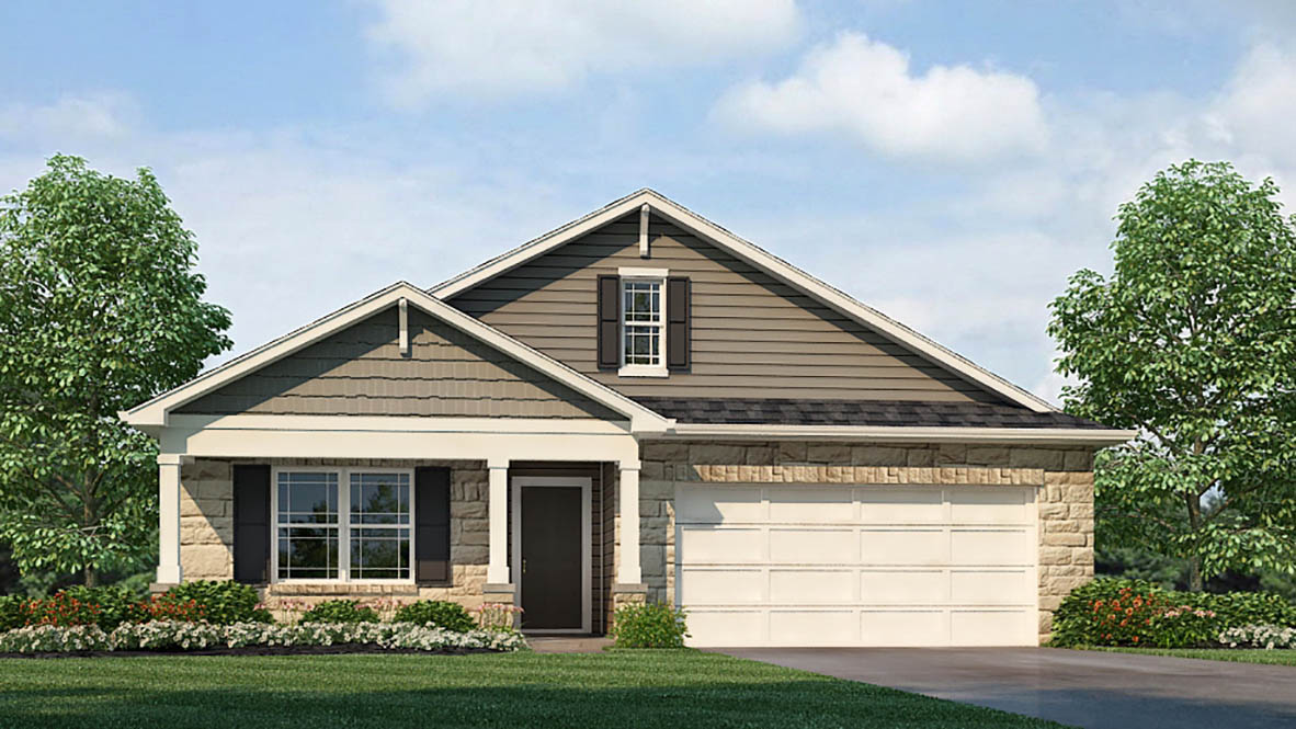 Exterior rendering of home. Full front porch with white columns and light brown shake accent above. Stone around front porch wall and garage door. Dark brown shutters around both windows. Light brown vinyl siding in top gable. Black shingles.