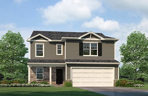 Rendering of exterior of home, brown vinyl siding, white garage door, black shutters on windows above garage, white trim around all windows, black front door. Full front porch with white columns. Stone along wall of front porch and around front door. Black shingles.