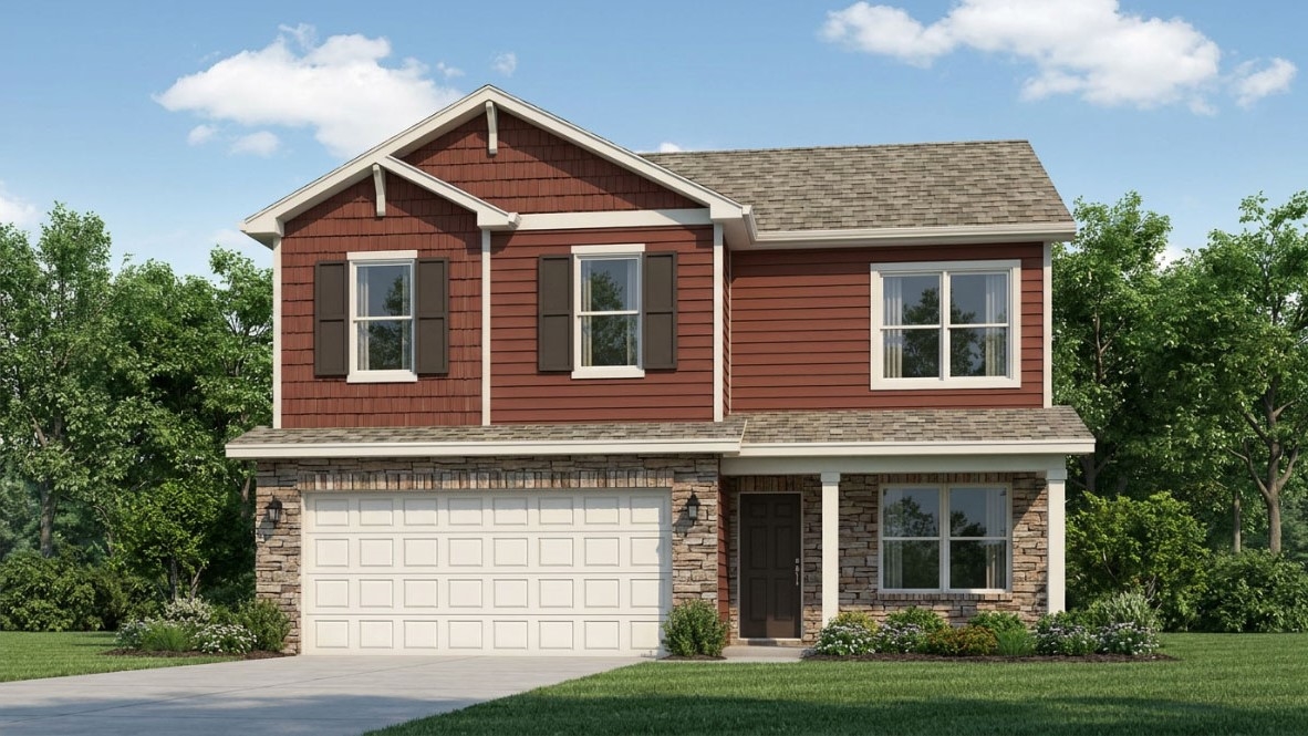 Rendering of Bellamy B4 plan by D.R. Horton Homes. Features Redwood colored vinyl siding, a covered front porch, and a 2-car attached garage.
