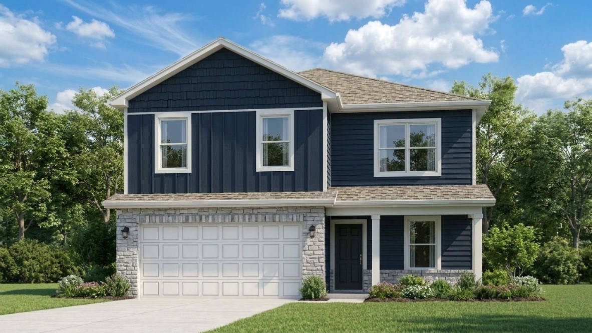 Rendering of Bellamy plan with blue siding, stone accents, covered front porch, and 2-car attached garage.