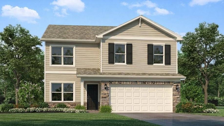 Rendering of 2 story Bellamy floorplan with stone accents, covered stoop, and a 2 car attached garage.