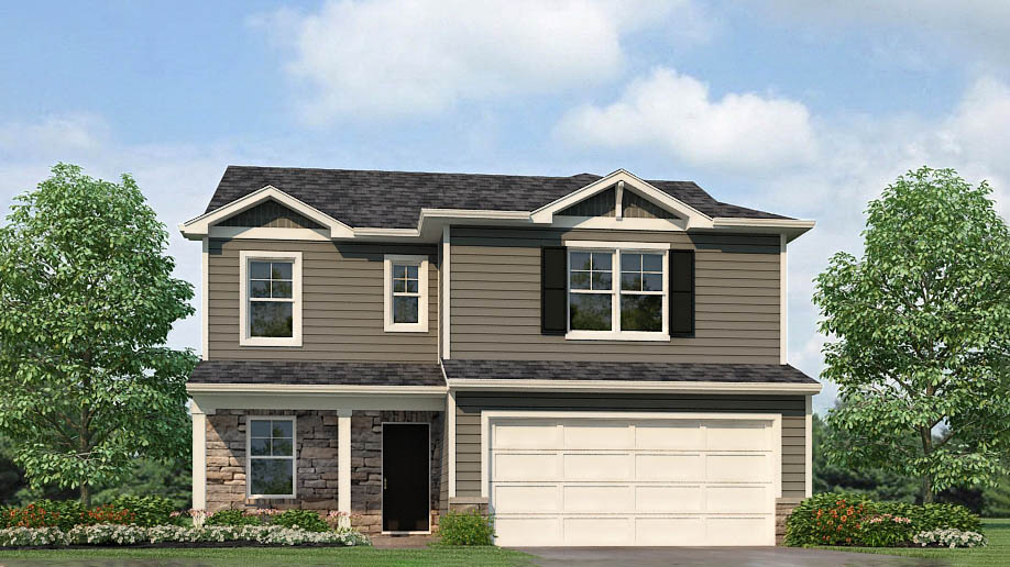 rendering of two story home with vinyl siding, covered front porch with stone porch accents