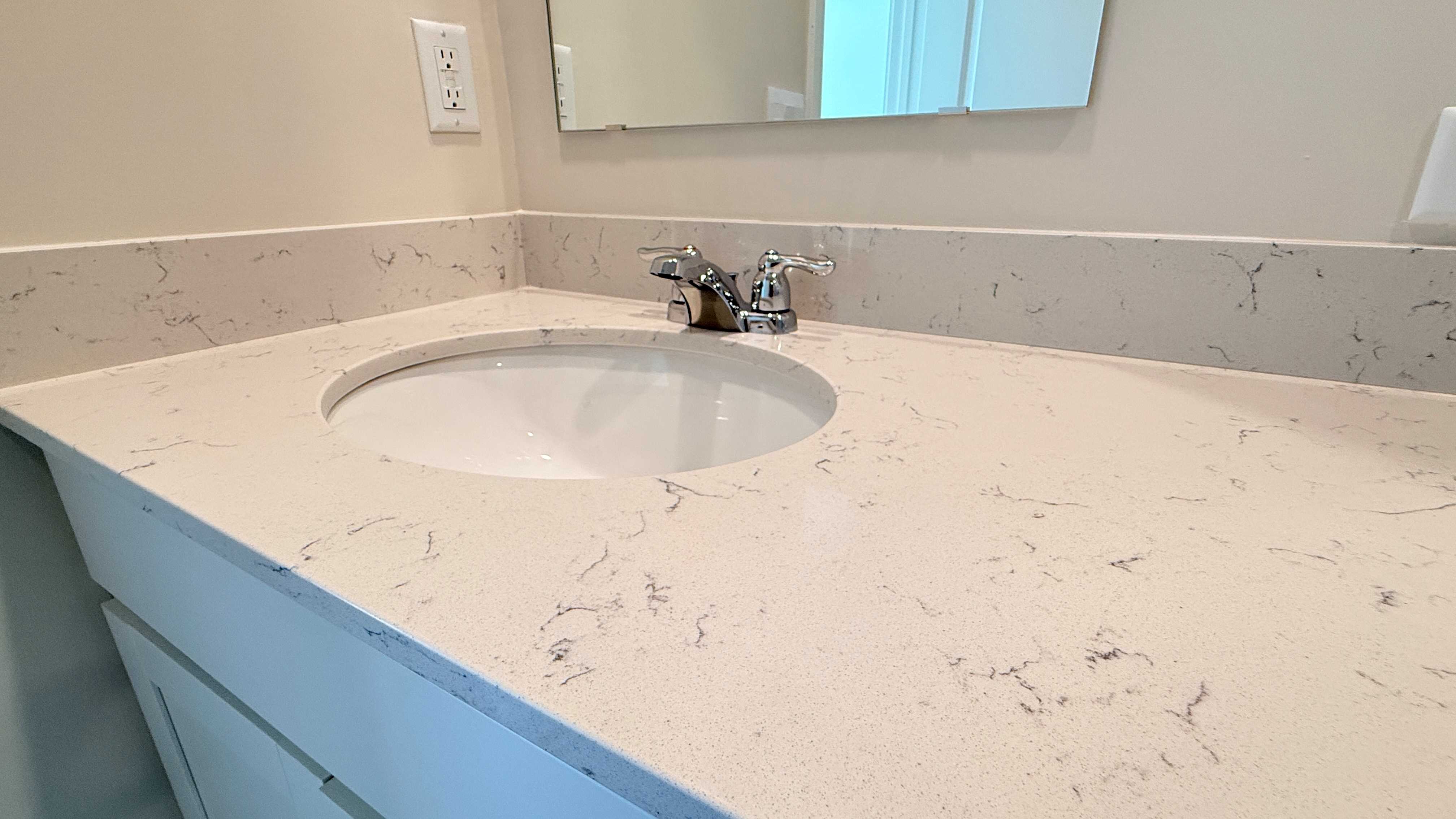 Quartz top on bathroom vanity.