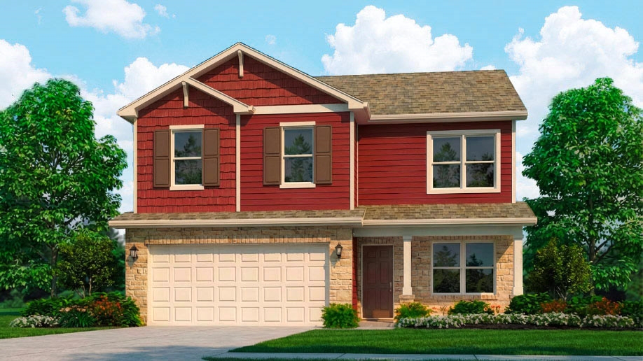 Rendering of Bellamy plan with a covered front porch, stone around the porch and garage, and a 2 car attached garage.
