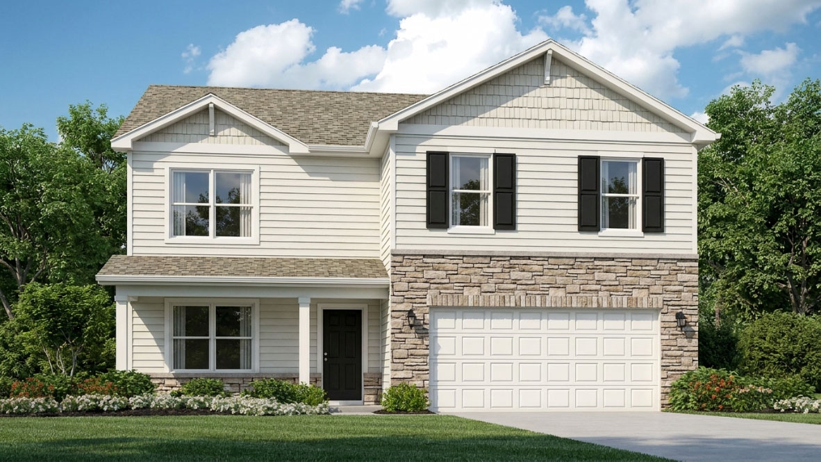 Rendering of Henley B3 floor plan with linen vinyl siding, stone accents, a covered front porch, and a 2-car attached garage.