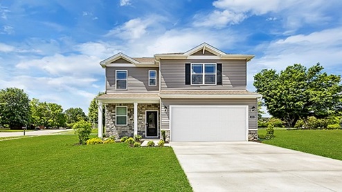 Front Elevation of Sienna model home. Two stories with stone accents and gray siding. Full, covered front porch with two car garage and white garage door.