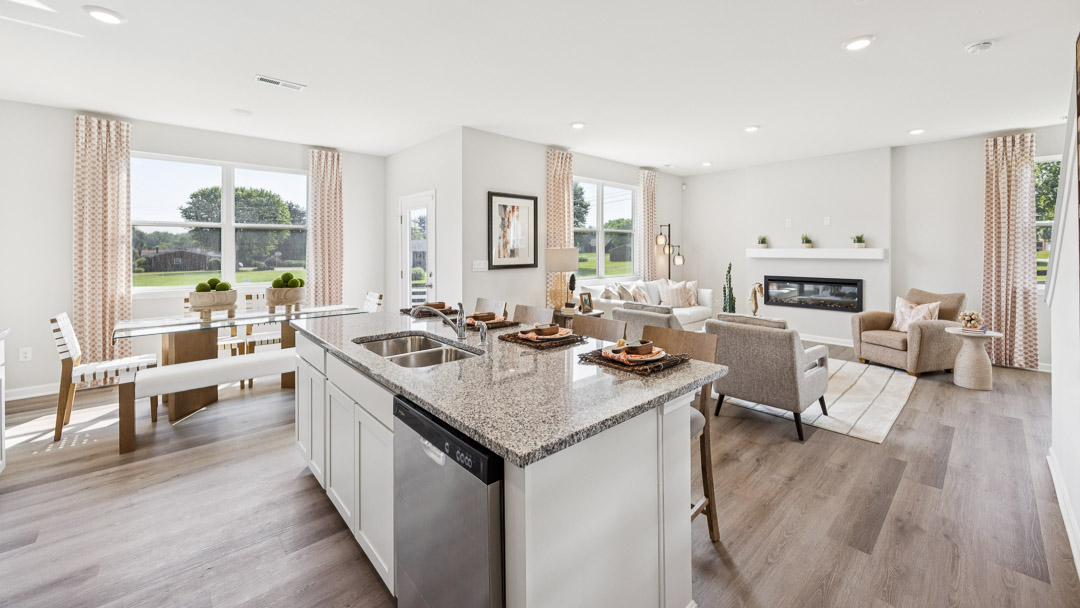 stone center island overlooking living room