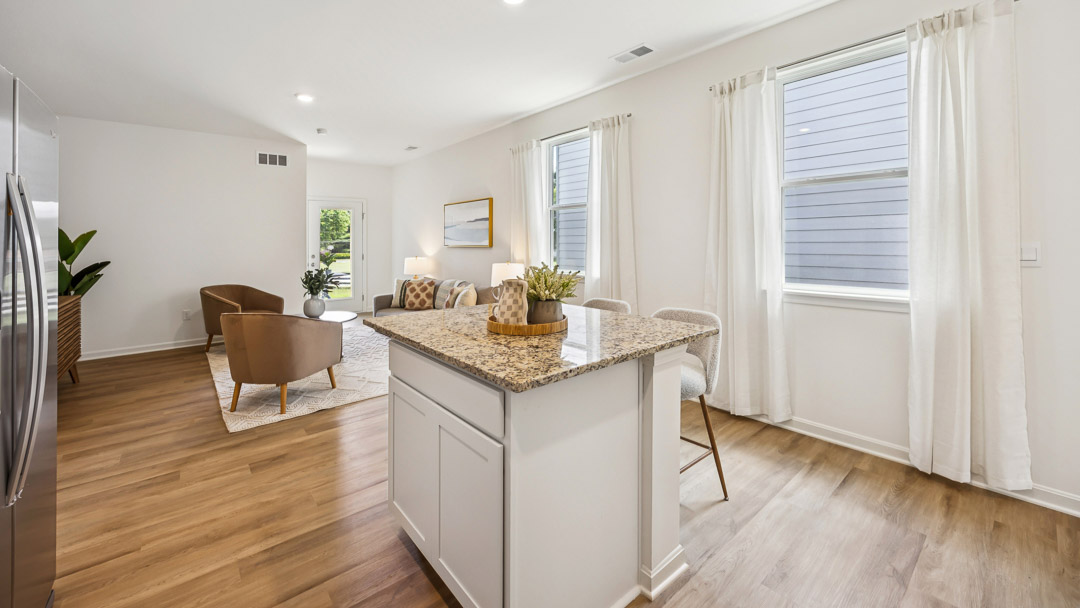 center island overlooking living room