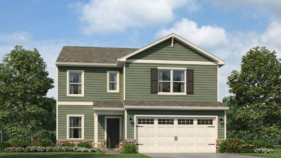 Rendering of Sienna plan with a covered front porch and 2 car attached garage.