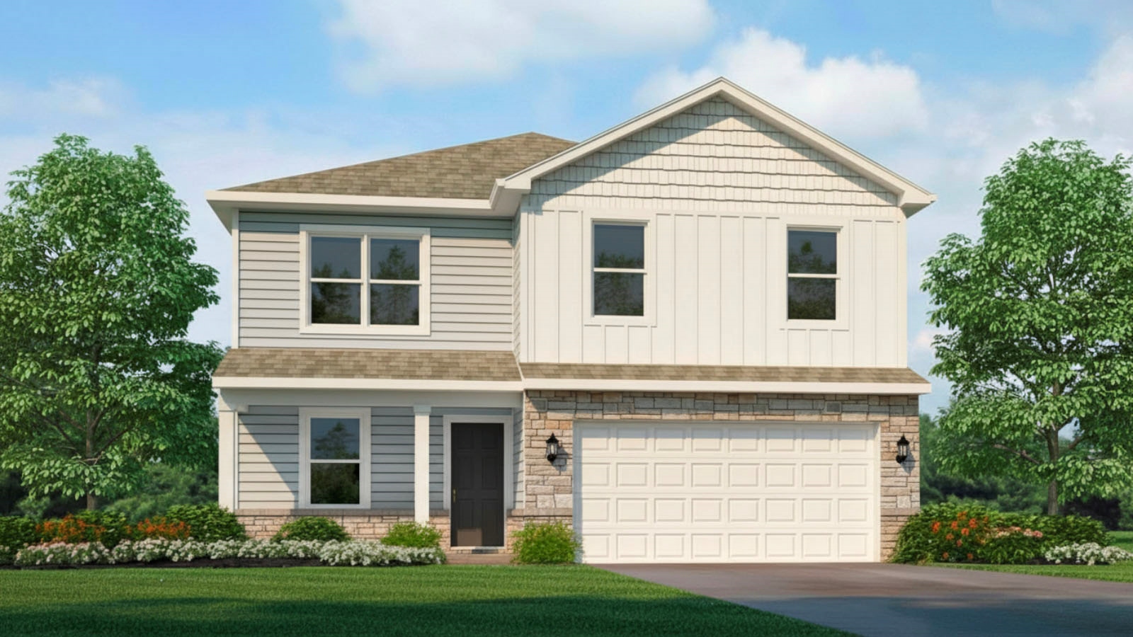 Rendering of Bellamy floorplan that has a covered front porch and 2 car attached garage.