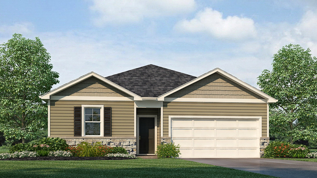 Exterior olive home with stone detailing