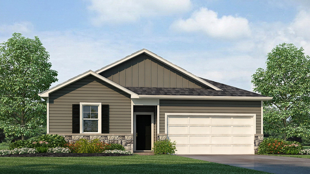 Exterior dark grey home with stone detailing