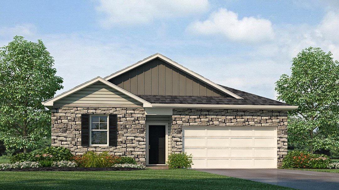Exterior dark grey home with stone detailing