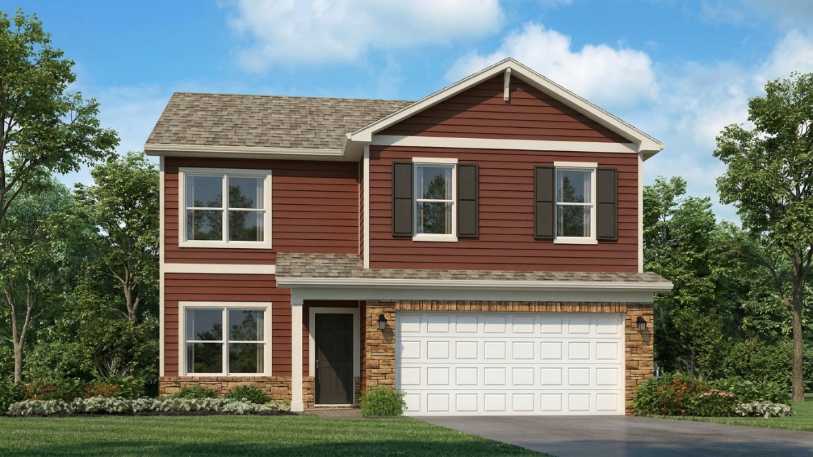 Rendering of Bellamy plan with redwood siding, stone accents, covered stoop, and a 2-car attached garage. Built by D.R. Horton Homes in Cowley Farms of Elizabethtown, Kentucky.