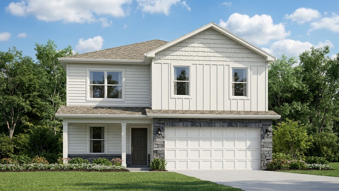 Rendering of Bellamy D3 floor plan with linen siding, a covered front porch, stone accents, and a 2-car attached garage. Built by D.R. Horton Homes in Cowley Farms of Elizabethtown, Kentucky.