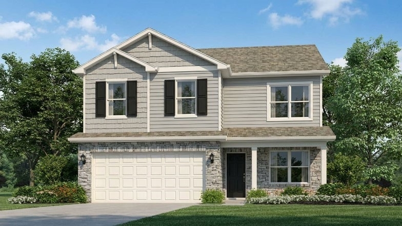 Rendering of Bellamy floorplan that has a covered front porch and 2 car attached garage.