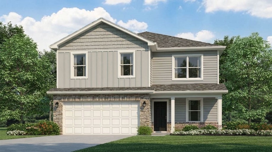 Rendering of Bellamy floorplan that has a covered front porch and 2 car attached garage.
