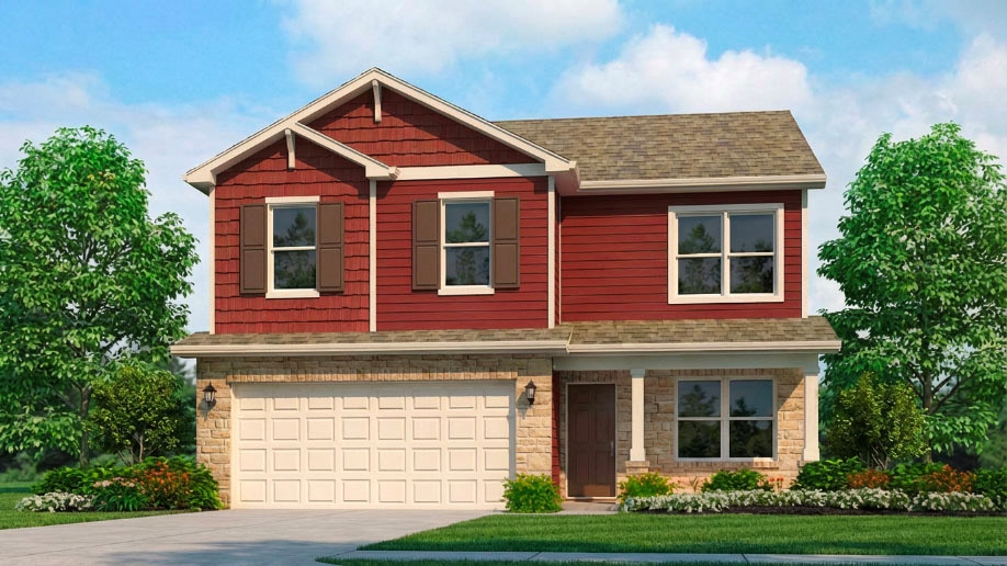 Rendering of 2 story Bellamy floorplan with a covered front porch and 2 car attached garage.