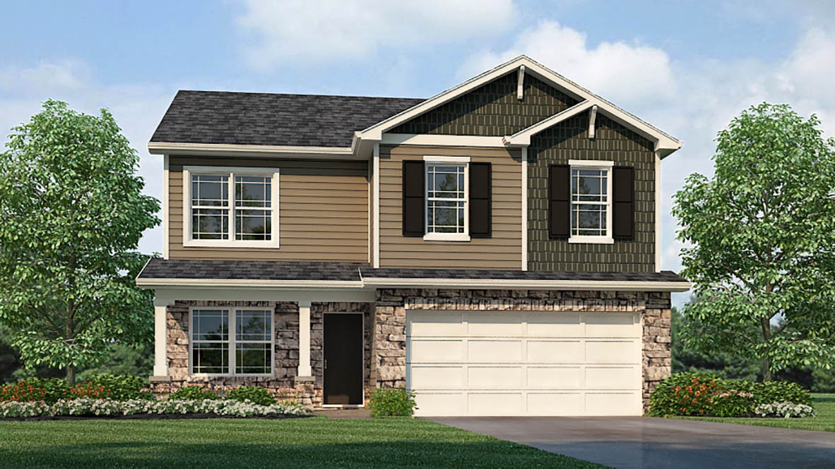 Rendering of 2 story Bellamy plan with covered front stoop and 2 car attached garage