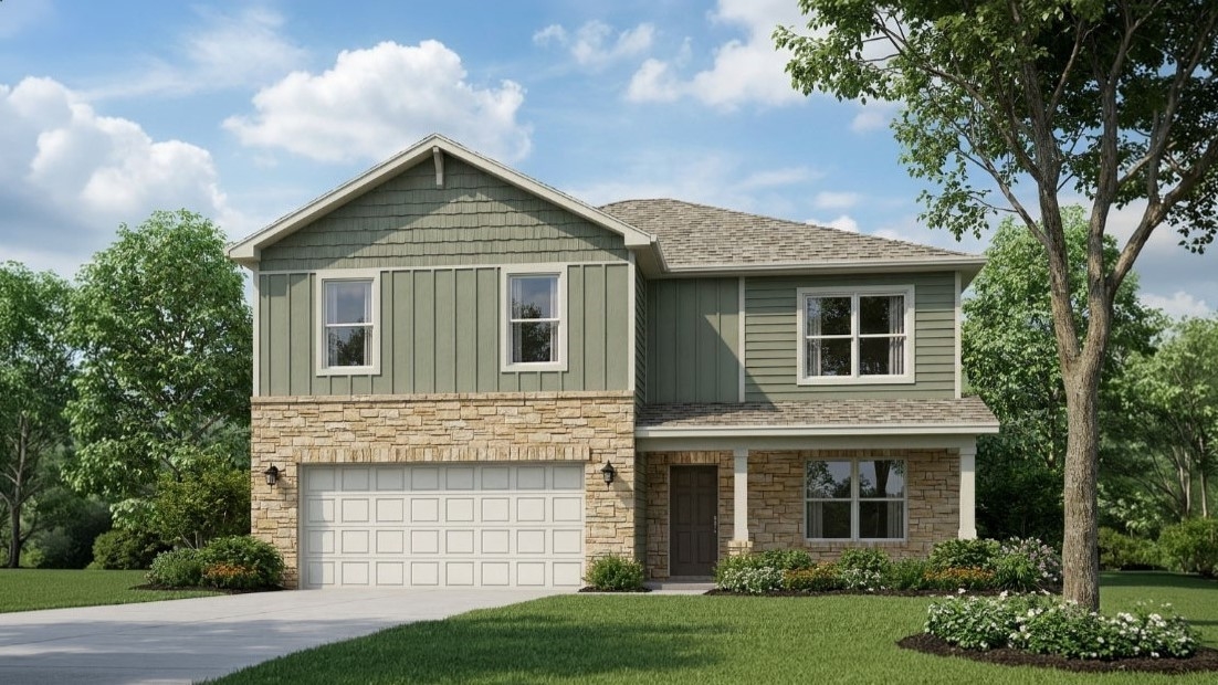 Rendering of Henley floorplan by D.R. Horton Homes in Elizabethtown, Kentucky. Features a 2 car attached garage, stone accents, and a covered front porch.