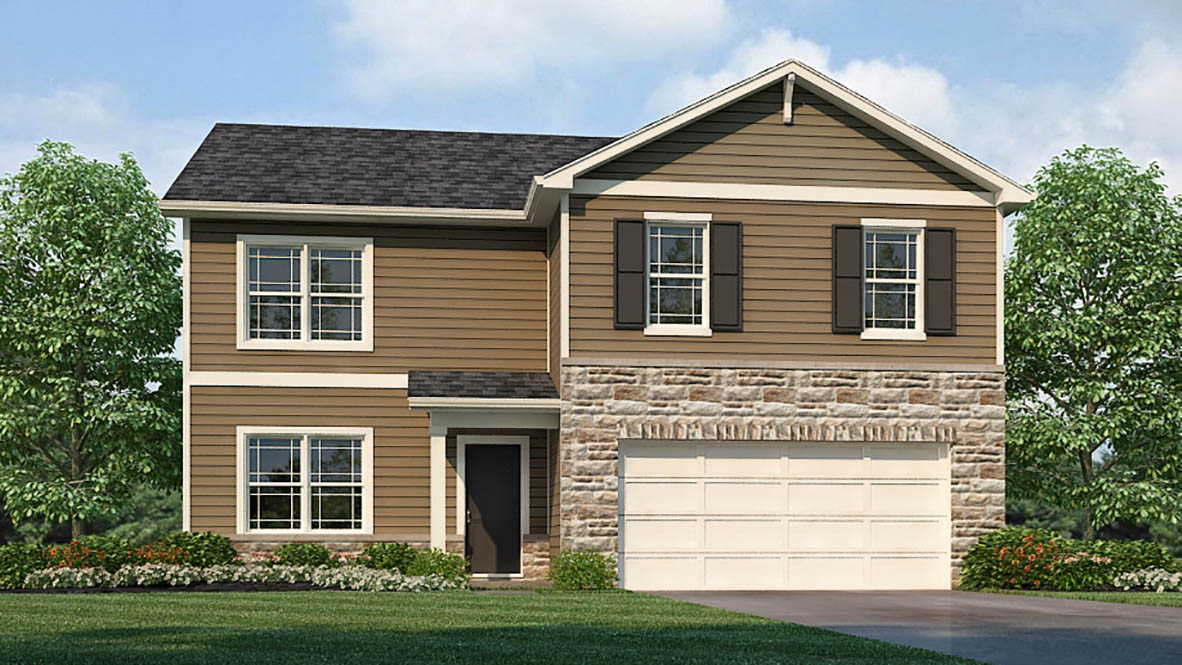 Rendering of 2 story henley plan with covered stoop and 2 car attached garage.