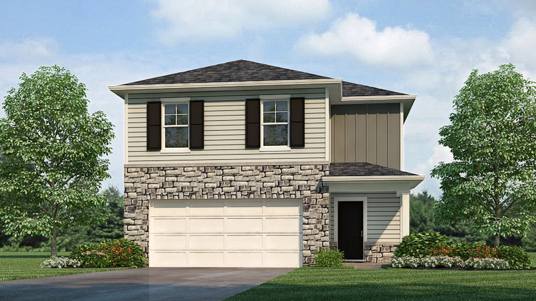 Rendering of 2 story pine floorplan with covered front stoop and 2 car attached garage