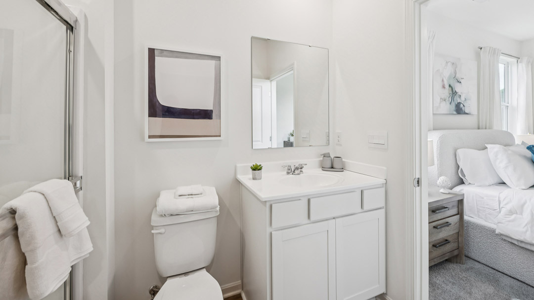 Other view of primary bathroom with vanity and commode