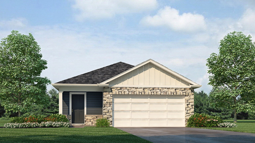 Rendering of Downing ranch plan with 2 car attached garage.