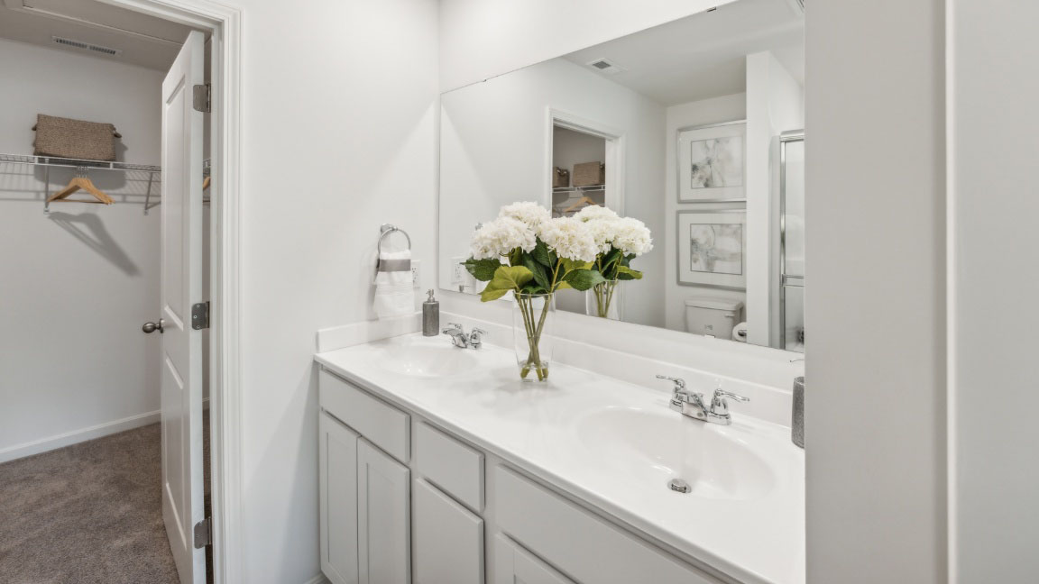 Primary bathroom with double bowl vanity and walk-in closet.
